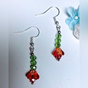 Red orange Czech glass flower earrings